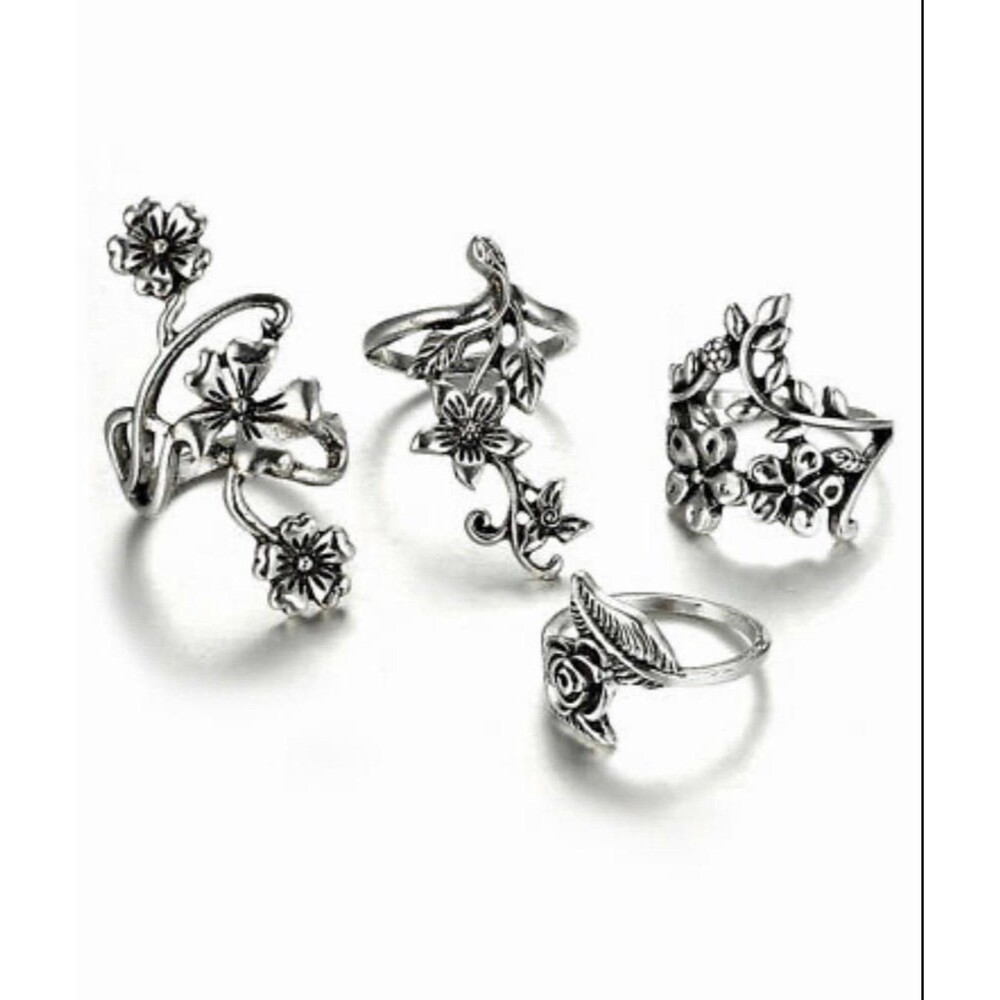 Vine Tree Leaf Flower Women Boho rings set of 4 - Picture 3 of 8